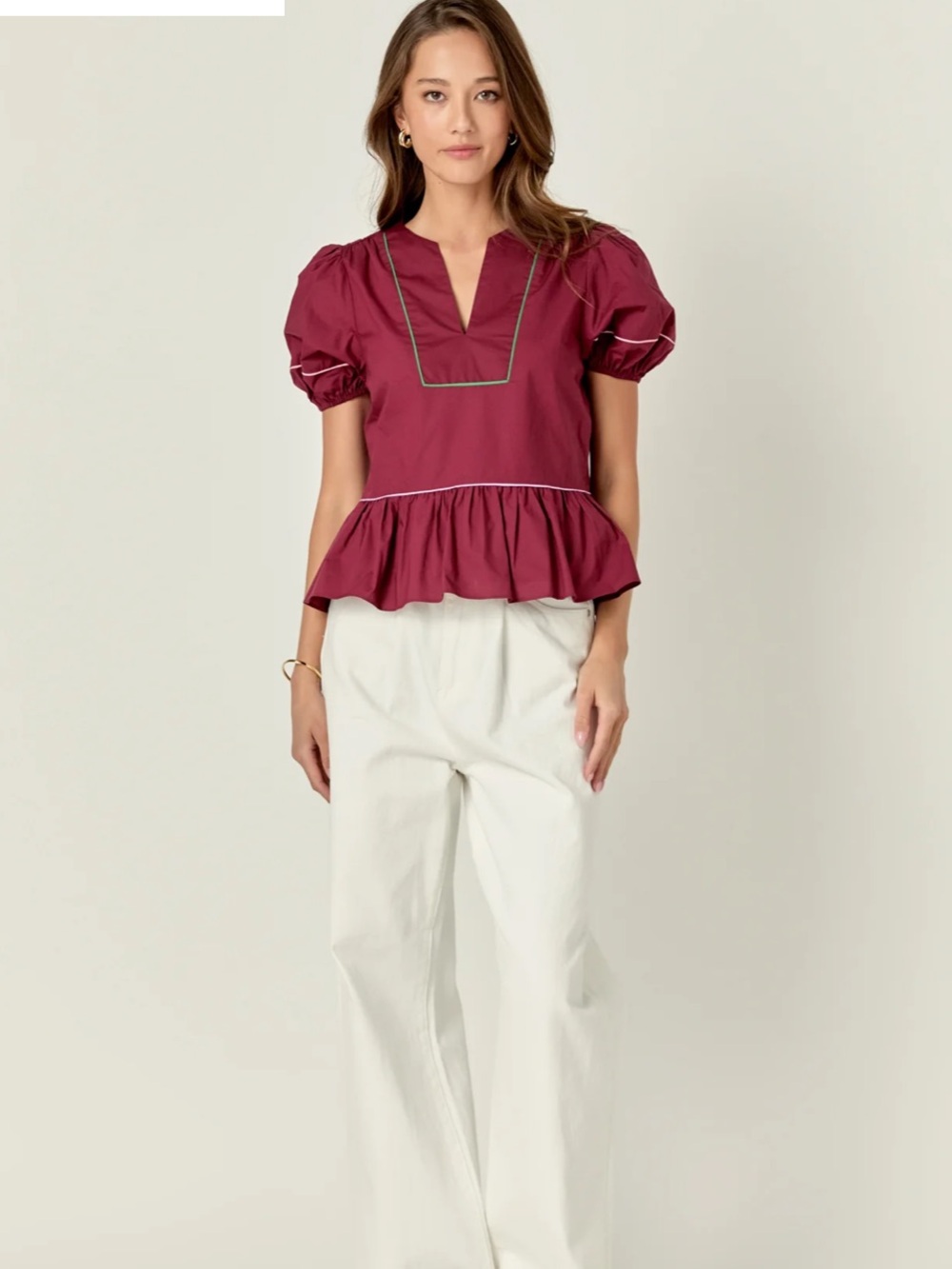 NWT English Factory Piping Detail Top With Short Puff Sleeves In Burgundy Size S